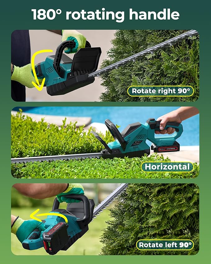 20'' Hedge Trimmers Cordless with Battery, Brushless Electric Bush Clipper with 2 Pack Rechargeable Batteries, 3000RPM 180° Rotatable Head, 2/3'' Blade Gap, Gardening Gifts for Men Dad Father