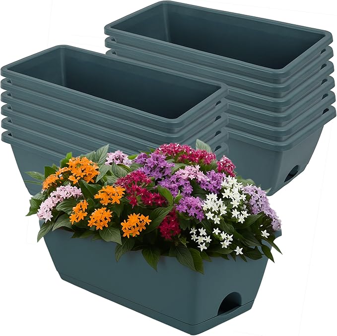 LOCONHA Window Box Planter, Plastic Vegetable Flower Planters Boxes 17 Inches Rectangular Flower Pots with Saucers for Indoor Outdoor Garden, Patio, Home Decor (12, Army Green)