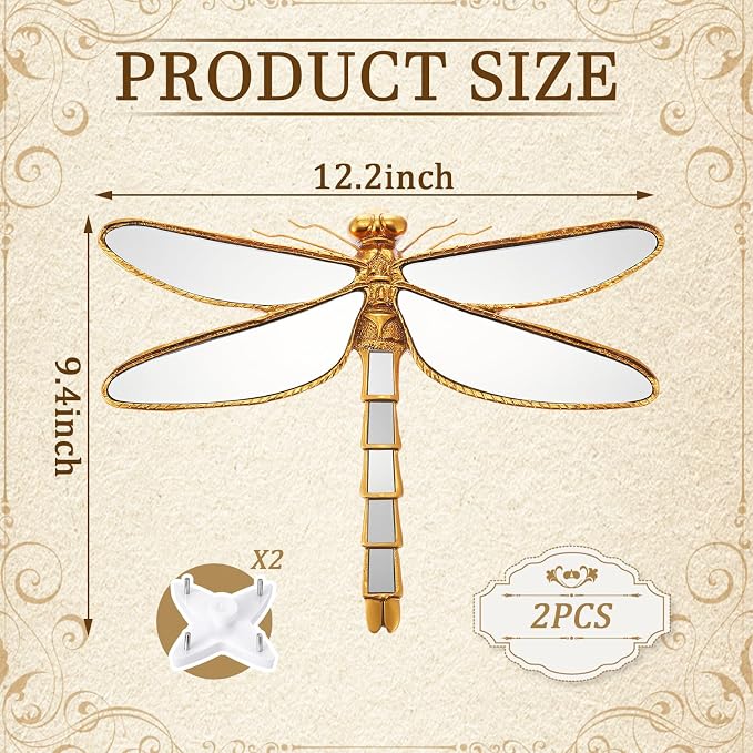 Sliner 2 Pcs Gold Resin Dragonfly Mirror Wall Decor, Aesthetic Glass Insect Wall Art, Vintage Cottagecore Decorative Mirrors for Home Nursery Garden, Elegant Nature Gift for Summer Wedding