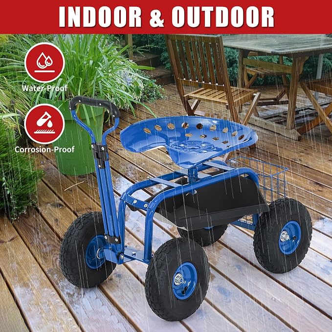 Rolling Garden Work Seat with Wheels, 400lbs Heavy Duty Garden Cart, 360° Swivel Adjustable Height Rolling Stool, Extendable Handle, Storage Basket & Tray for Gardening, Lawn Care, Adults & Seniors