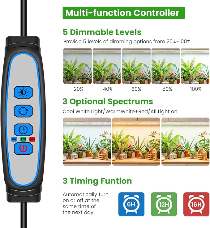 Wiaxulay 8 inches Grow Light Strip, 56 LEDs Full Spectrum Grow Lights for Indoor Plants, Under Cabinet Grow Lamp with Auto Timer 6/12/16 Hrs, 3 Lighting Mode, Ideal for Seedling, Plant Stand, 2 Bars