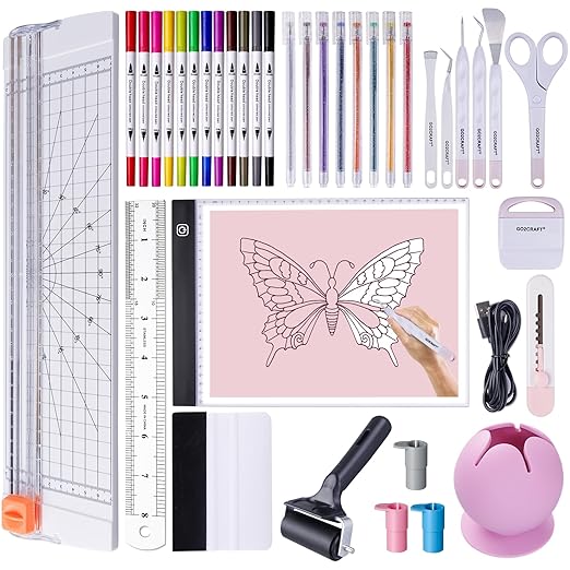 GO2CRAFT 37Pcs Essential Tool Set, Ultimate Tool with 7Pcs Weeding Tools for Vinyl, LED Light Pad, 12'' Paper Cutter, Vinyl Scrap Collector, Crafting Starter Kit