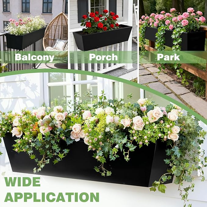 Railing Planter for Outdoor Plants 36'' Metal Hanging Flower Pot with Adjustable Brackets & Drainage Railing Planter Box Countryside Flower Plant Holder for Garden Yard Patio Balcony Deck Decor