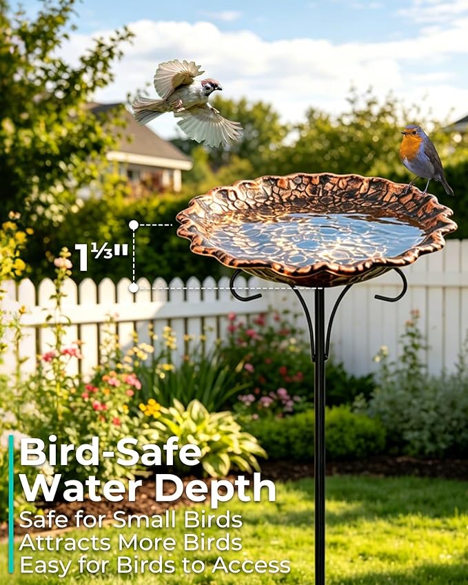 Metal Bird Bath for Outside, 10" Diameter Bird Bath with Heavy Duty 5-Prong Stake Base, Freestanding Outdoor Birdbath for Garden Patio Yard Lawn Decor (Antique Copper Pebble)