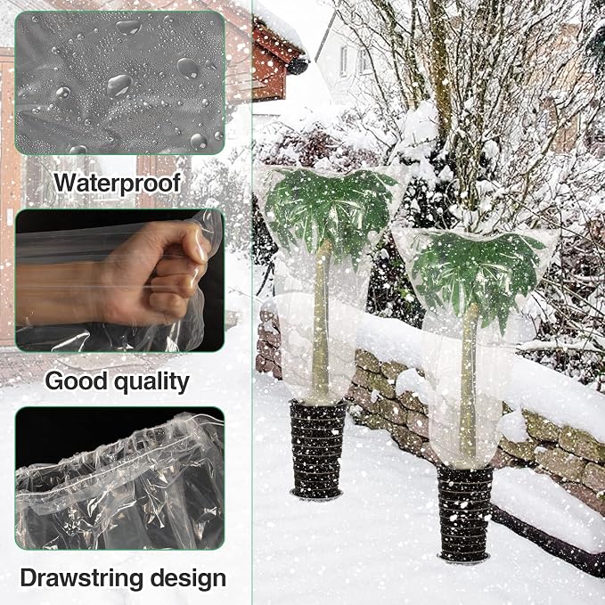 ANPHSIN 6 Pcs Winter Plant Film Cover with Drawstring - 35" x 59" Plastic Plant Cover Freeze Protection Transparent Waterproof Plant Shelter Bag for Outdoors Garden Plants Shrubs Sapling Crops