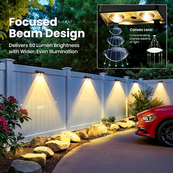 Solar Fence Lights Outdoor 12 Pack, 50 LM 11 Modes & 9 Colors Solar Lights with Brighter LED Focus Lens Waterproof IP65 for Wall Backyard Deck Patio Porch Step Railings Pool Decor