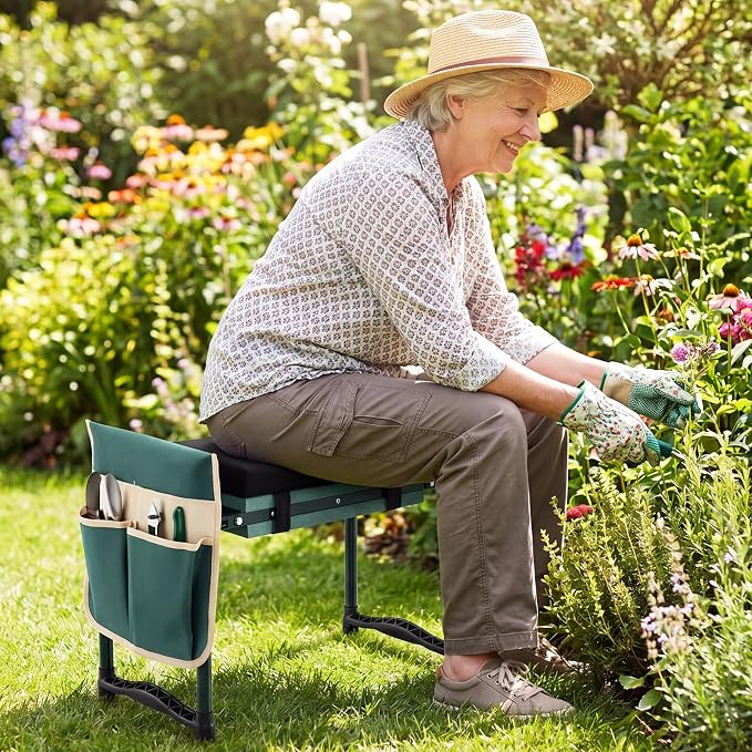 Giantex Garden Kneeler and Seat, Foldable Gardening Stool w/Wide EVA Foam Padding, Tool Pouch, Heavy-Duty Kneeling Bench for Knee & Back Pain Relief, Gardening Kit for Seniors Women Men (Green)