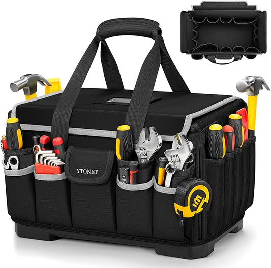Heavy Duty Tool Bag 16-Inch, 46 Pockets Electrician Tool Bag for men with Hard Bottom & Waterproof Pocket, 1680D Tear-Proof Toolbox Organizer for HVAC Mechanic, Father Day Dad Gift Black