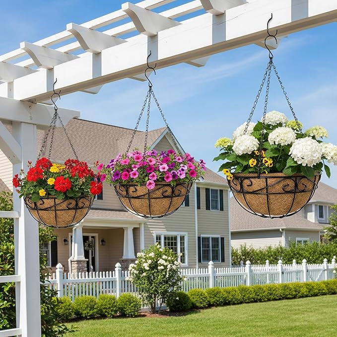 EIMQUVW Outdoor Metal Hanging Planters Basket (4pack, 10 inch) Hanging Baskets for Plants Chain Round Wire Plant Holder with Coco Fiber Liners for Garden, Patio, Deck, Porch(Flower Border)