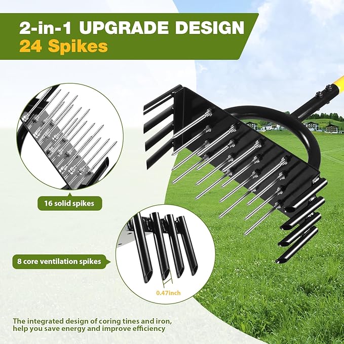 2-in-1 Lawn Aerator, Manual Core Aerator Lawn Tool with 24-Spikes Suitable for Lawn Ventilation, Garden Soil Loosening and Compact Soil Care, Revives Lawn Health