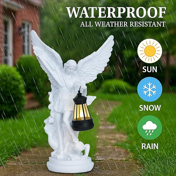 Dlfghos St Michael The Archangel Solar Outdoor Garden Decor Statues–12 in Miguel Arcangel Statue Solar Outdoor Sculptures for Outside Yard Patio Balcony Front Lawn Decor