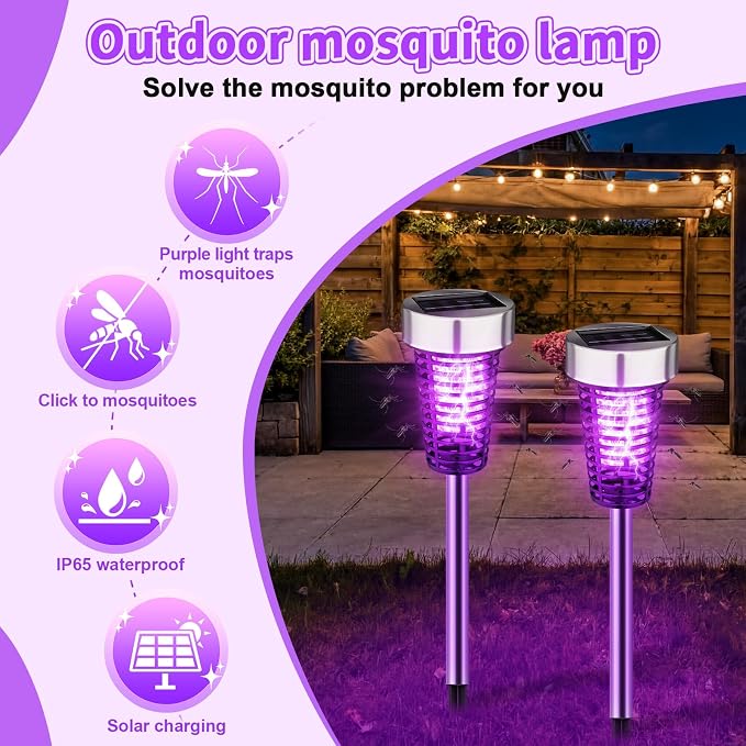 Qualirey 4 Pack Solar Bug Zapper Outdoor Waterproof Mosquito Repellent Killer Bug Zapper Lamp with LED Light for Outdoor Garden Patio Yard (Purple and Flame Light,Silver)