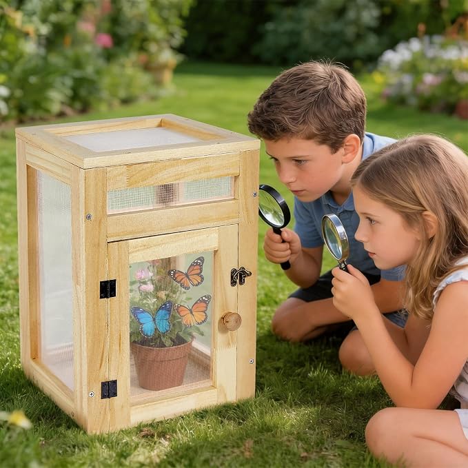 Wooden Butterfly Habitat Cage Kit, 15.75 Inch Monarch Caterpillar Habitat, Mesh Butterfly Enclosure for Raising Butterflies, Insect Observation House for Kids, Classroom, Garden