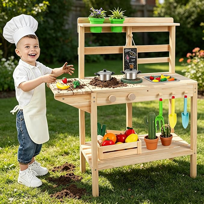 Costzon Mud Kitchen, Solid Wood Potting Bench w/2 Flowerpots, Blackboard, Sink, 2 Stoves, Outdoor Pretend Play Set for Toddlers 3+ Years, Mud Kitchen for Kids Outdoor, Gift for Girls & Boys