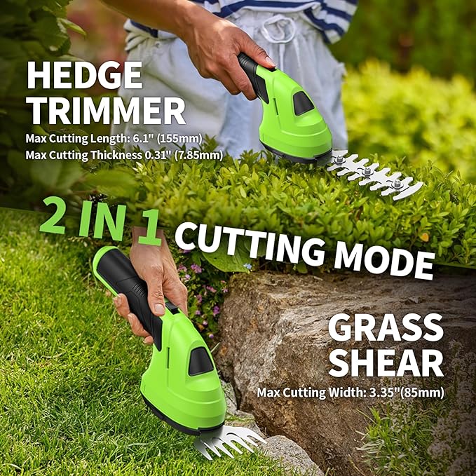 FULLYEA Cordless Hedge Trimmer, 2 in 1 Handheld Cordless Grass Shears with 2.0Ah Battery and Type-C Cable Included, Lightweight Bush Trimmer Grass Cutter for Garden Yard Lawn(Green)