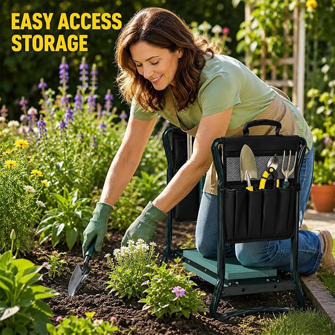 1 Pack Garden Pouches for Kneeler, Portable Tool Storage With Handle, Size Bags Multiple Storage Pockets Organizer for Outdoor Gardening Kneeling Stool, Gifts for Women,Mom & Dad Nylon and Latex