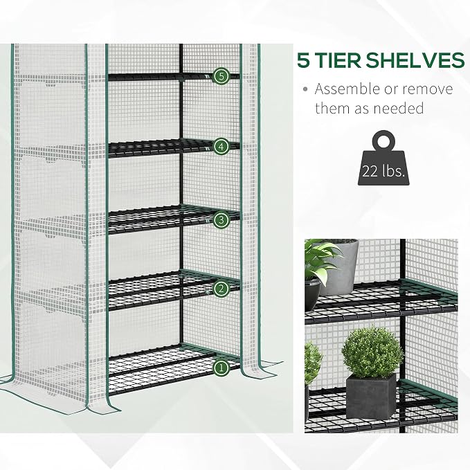 Outsunny 5 Tier Mini Greenhouse, 76" x 35.4" x 19.3" Small Portable Greenhouse with Reinforced PE Cover, Roll-Up Zippered Door, for Indoor Outdoor Garden Yard Backyard, White