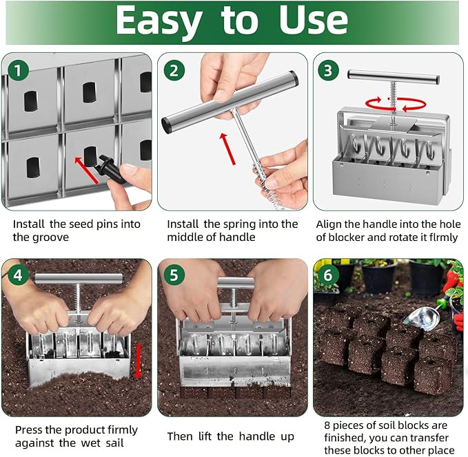 zukakii Soil Blocker 2 Inch 8 Cell Upgraded Soil Block Maker Heavy Duty with Comfortable Handle and 3 Sizes Seed Pins Handheld Soil Blocking Tool for Seed Starting transplanting Germination