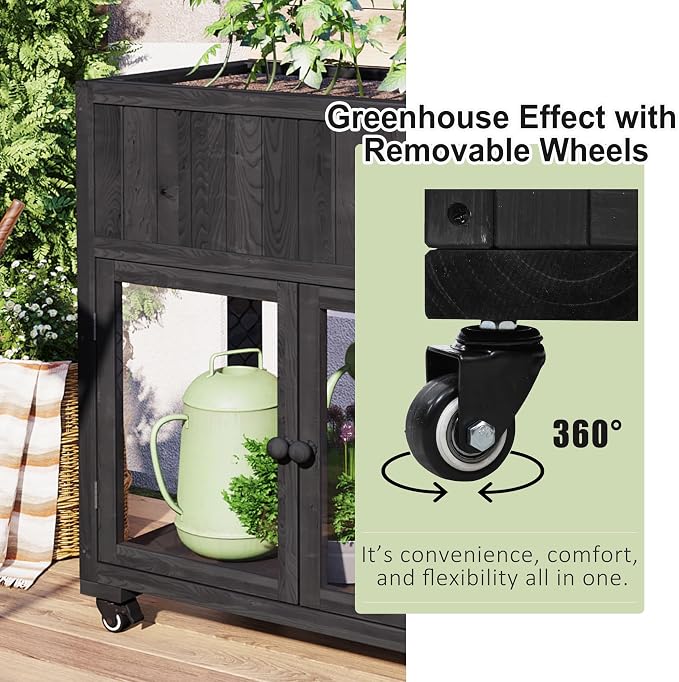 Merax Raised Garden Bed with Leg, Potting Bench with Wheels Outdoor Garden Work Bench Station Planting Solid Wood Construction for Horticulture w/Storage Cabinet, Black