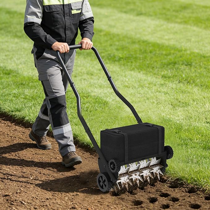 Lawn Aerator with Weight Bag, Heavy Duty Lawn Aerator Tool with 4 Wheels, Manual Lawn Aerators Tool with 43.3" Steel Handle, Core Aerator Lawn Tool Alternative for Lawn, Garden and Yard