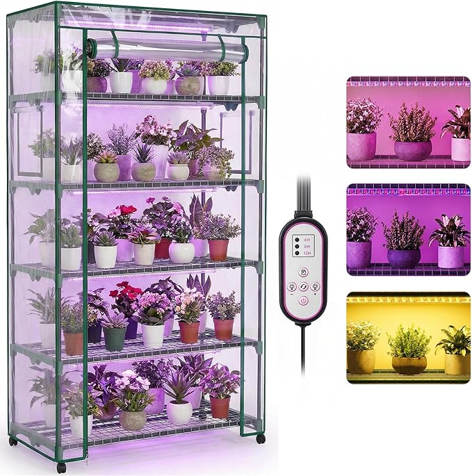 Indoor Greenhouse with Grow Lights & Wheels, 5 Tier Wire Shelf PVC Tent Portable Mini Green House Cabinet Kit for Plant Seed Starting Mushroom Grow (Upgraded)