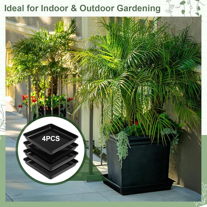 Vesici 4 Pack Large Squared Plant Saucer 23.6 x23.6”x 3” Black Plastic Garden Square Potting Tray for Indoor Outdoor Plant Water Receiving Tray for Flower Pot Planter, Windowsill