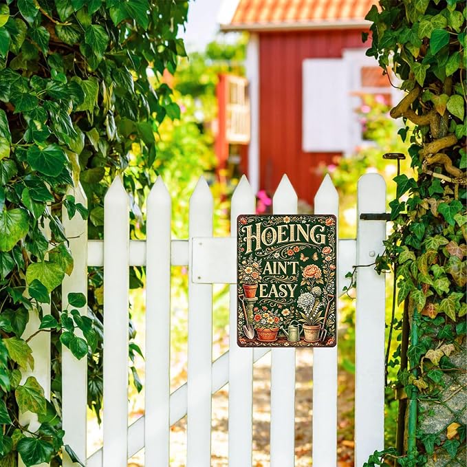 Gardening Gifts For Women Vintage Garden Decor For Outside Greenhouse Backyard Patio Yard Hoeing Ain't Easy Gardening Signs For Outside Metal Wall Decor Plant Lovers Gifts For Mom Wife Her Grandma