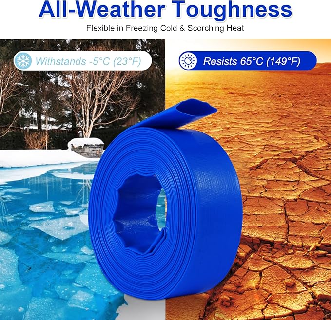 1.5-Inch 100FT Pool Backwash Hose – Fits Pump Outlets with Outside Diameter 1.1" to 1.5", Heavy-Duty, Includes 4 Stainless Steel Clamps, for Above-Ground Pools, Sump Pump Discharge