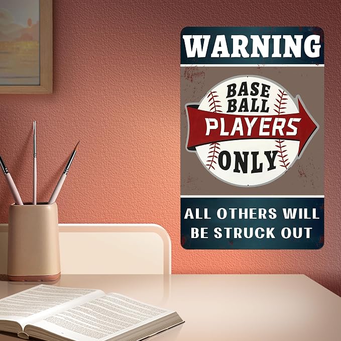 (Warning Baseball Players Only) Funny Signs Boy Baseball Wall Decor-Baseball Posters Decor for Boys Room,Gifts for Boys Who Love Baseball 8x12 Inches
