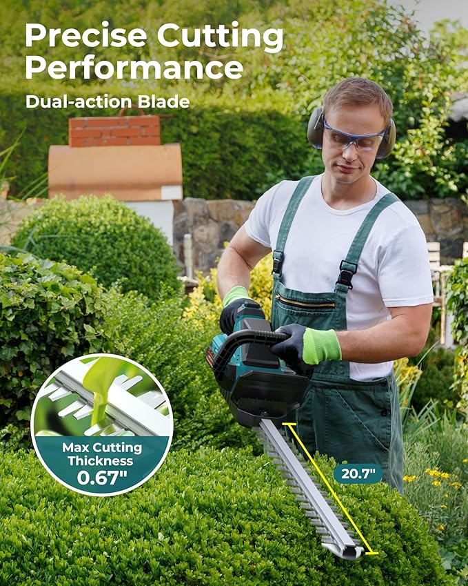 20'' Hedge Trimmers Cordless with Battery, Brushless Electric Bush Clipper with 2 Pack Rechargeable Batteries, 3000RPM 180° Rotatable Head, 2/3'' Blade Gap, Gardening Gifts for Men Dad Father