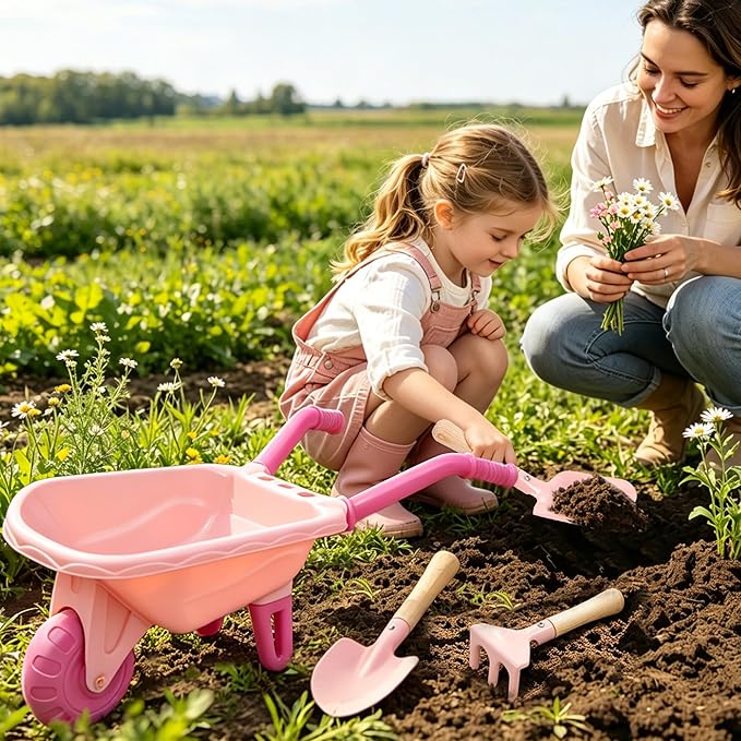 Kids Gardening Set with Wheelbarrow, Metal Kid Gardening Tools Set with Long Handle Tool, Hand Tool & Gloves, Backyard Gardening Tools for Kids Outdoor Play Birthday Gifts