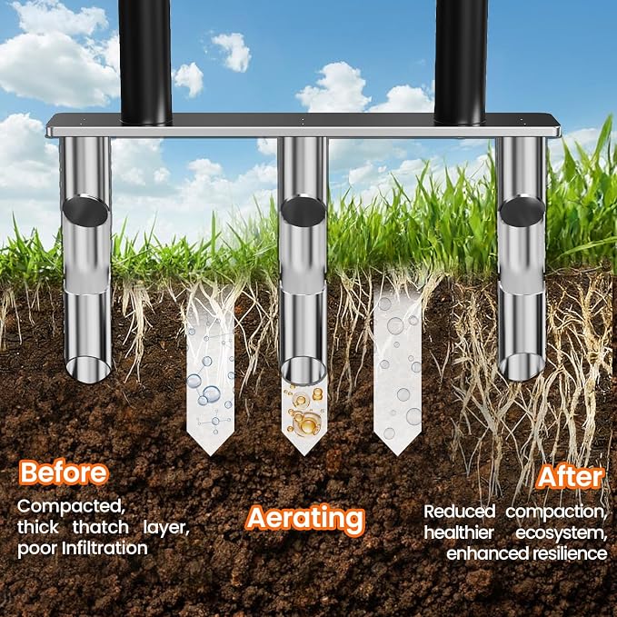 Lawn Aerator, Stainless Steel Lawn Aerator Tool with 3 Hollow Tines, Yard Grass Soil Core Aerator, Manual Lawn Plug Aerators, Core Aeration Tool for Lawn Garden Compacted Soil (Black)
