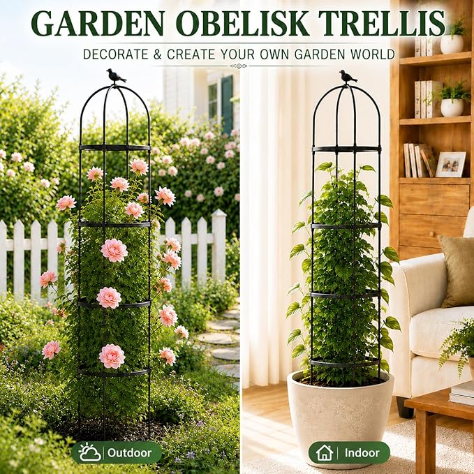 OTOSUNNY 2 Pack Garden Obelisk Trellis for Climbing Plants Outdoor, 6.3 ft Tall Metal Garden Trellis for Roses Clematis Cucumber Vines, Plant Support Tower for Pots Patio Yard, Black