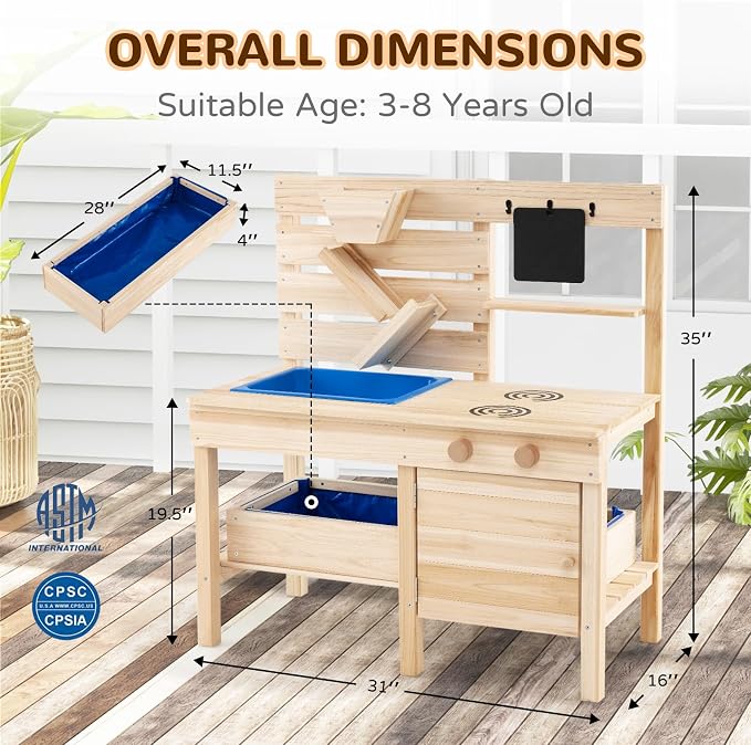 Costzon Mud Kitchen for Kids, Outdoor Play Kitchen w/Detachable Sandbox, Stoves, Sink, Chalkboard, Sand Funnel & Storage Shelf, Wooden Mud Table, Backyard Garden Toy Gift for Boys Girls Aged 3-8