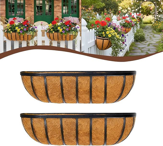 2 Pcs 16“ Railing Planter Window Box Deck Railing Planters Boxes with Coco Liner English Horse Trough Planters Metal Wall-Mounted Planter Basket for Outdoor Balcony Porch Fence Patio Rail