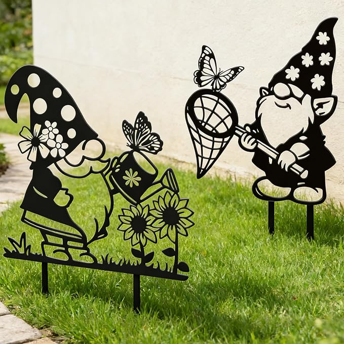 Rngmsi Gnome Metal Garden Stakes Decor, 2PCS Gnomes Gifts for Women Men Mom Wife Grandma, Gnome Yard Decorations Outdoor for Yard Art Outside Patio Lawn Pathway Landscape Ornaments (12 X 11 Inches)
