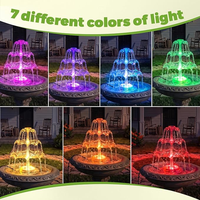 AISITIN 6.5W Solar Bird Bath Fountain with 8-Color LED Lights, 3 Tiered Bird Bath & Feeder, Upgraded Detachable Solar Pump for Garden, Patio, Yard, Pond (Auto Pump Day, Light at Night)