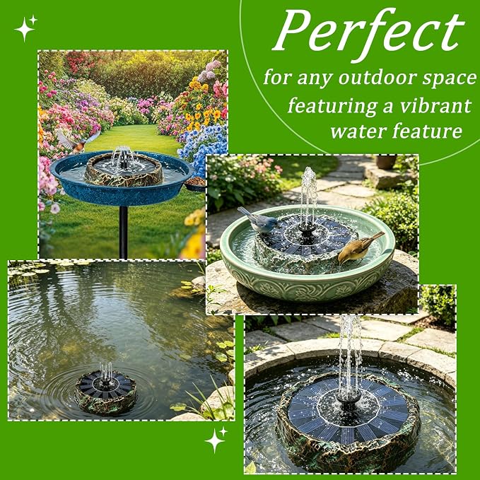 Solar Bird Bath Fountain,Premium Plastic Faux Stone Water Fountain Pump with 6 Nozzles,Eco-Friendly Direct-Drive Floating Water Feature for Birdbath,Garden,Patio,Small Pond Decoration 7.8" Bronze