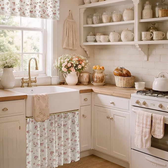 StangH Floral Pinch Pleated Kitchen Curtains Natural Linen Cafe Tier Farmhouse Light Filtering Small Drapes for Cabinetry/Laundry Room,W26xL36,Dusty Rose,2 Panels（10 Plastic Hooks with 2 Extra）