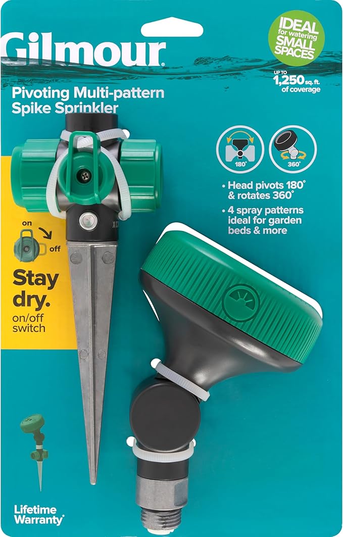 Gilmour Adjustable Spot Sprinkler with Spike Base, Pivoting Multi Pattern Sprinkler Head for Targeted Coverage in Flower Beds and Vegetable Gardens