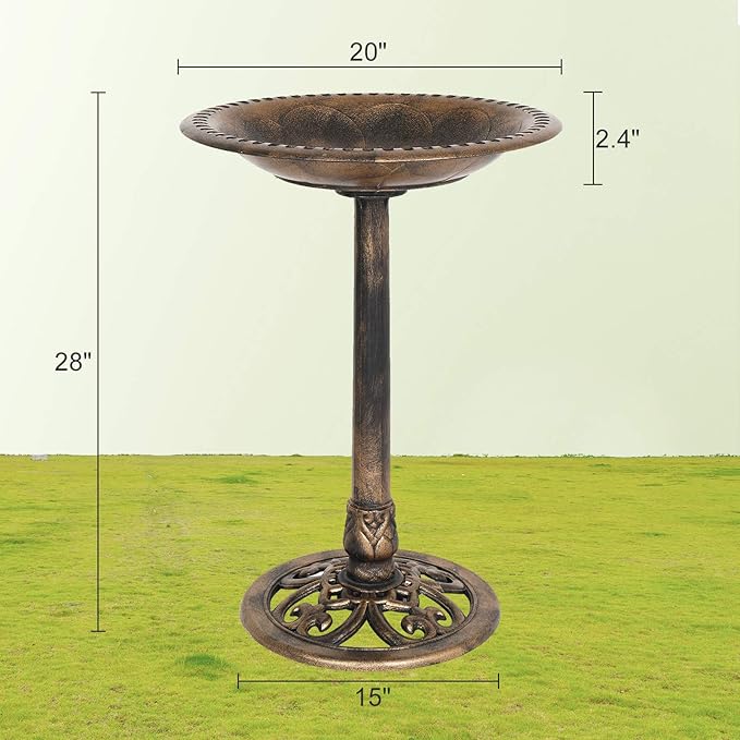 VINGLI Pedestal Bird Bath, Resin Birdbaths Weather Resistant Floral Accents and Vintage Finish Garden Decor for Outdoor Lightweight Courtyard