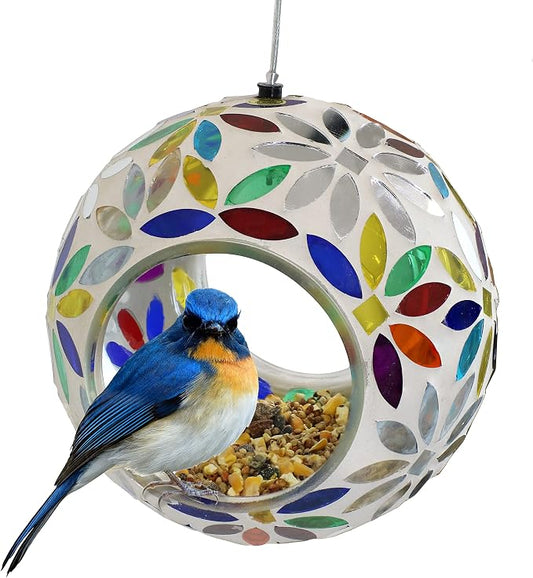 Sunnydaze 6-Inch Glass Mosaic Hanging Bird Feeder for Outdoors - Fly-Through Glass Bird Feeder for Cardinals, Jays, Finches and More - Rainbow Daisies