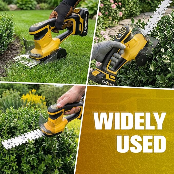 FULLYEA Cordless Hedge Trimmer, 2-in-1 Electric Shrub Trimmer & Grass Shear, Lightweight Bush Trimmer with 2 Blades & 2*2.0Ah Batteries, Handheld Grass Trimmer, Battery Powered Hedge Cutter (Yellow)