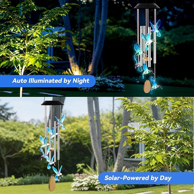 Wind Chimes for Outside, Solar Lights Outdoor Waterproof, Color Changing Hummingbird Light for Yard, Outdoor, Patio, Garden Decor, Wind Mobiles Gardening Gifts for Women, Mom, Wife, Blue Hummingbird