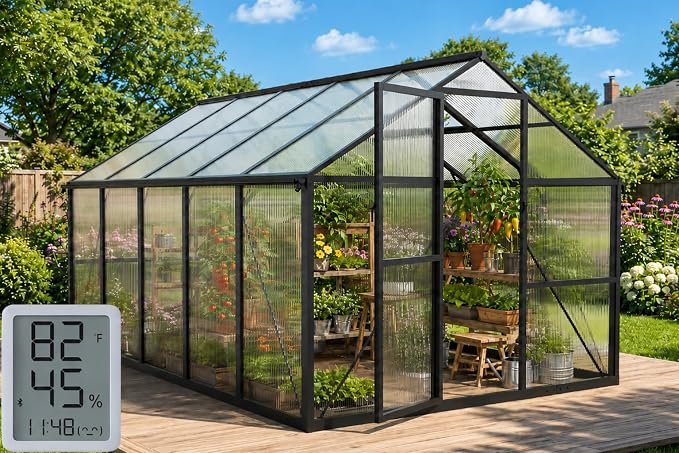 8X10FT Greenhouses for Outdoors with Electronic Thermometers, Green Houses for Outside with Drainage Channel Roof Vent for Backyard, Walk-in Greenhouse Kit Withstands Strong Wind or Snow