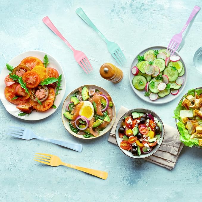 50 Pcs Pastel Plastic Forks, Pastel Plastic Silverware, Heavy Duty Plastic Cutlery Set Disposable Utensils Sets for Brithday, Wedding, Tea Party, Garden Party
