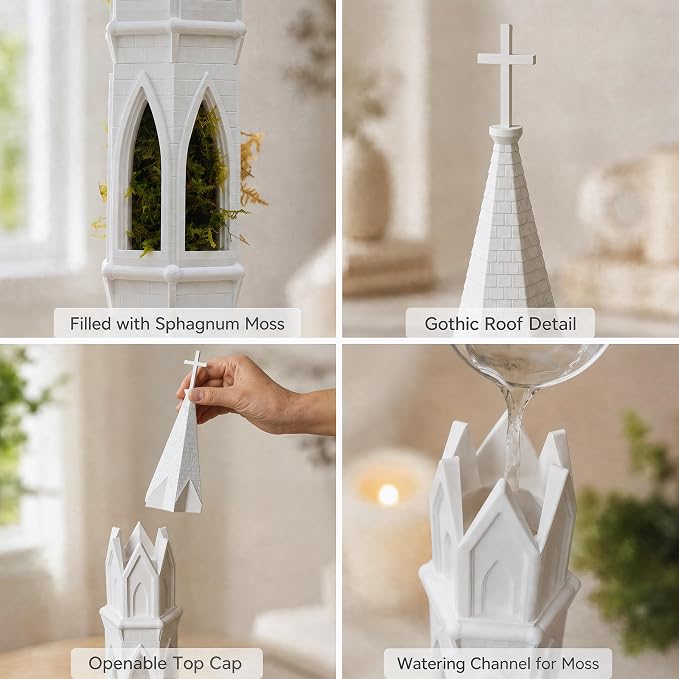 Gothic Tower Self-Watering Moss Pole for Monstera, 3D Printed Stone Texture Plant Support Stake for Climbing Plants, Indoor Plant Trellis for Philodendron, Pothos, Vine Plants (Black)