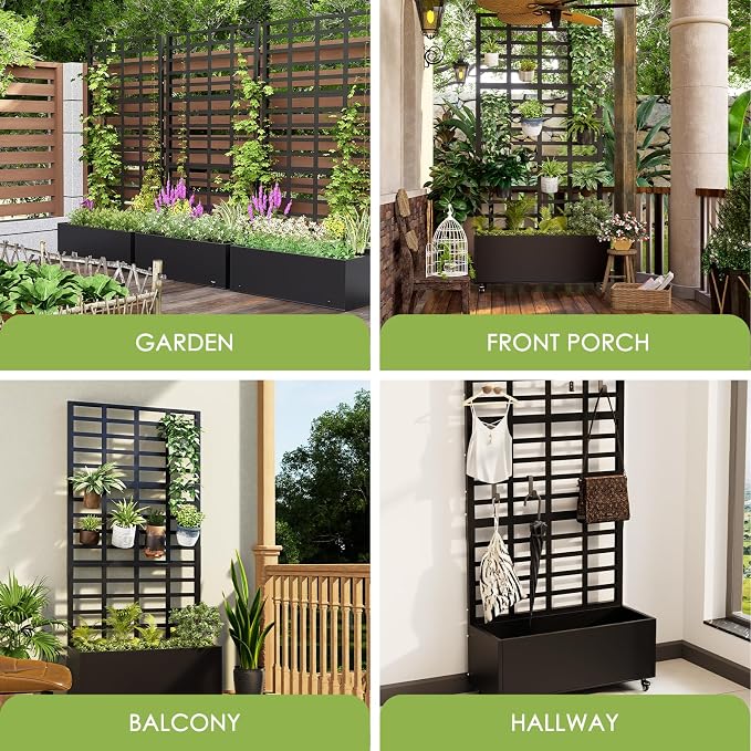 Metal Planter Box with Trellis for Climbing Plants, 74.8"x35.83"x15.16" Raised Garden Bed with Privacy Screen, Outdoor Planter with Drainage Holes, Black