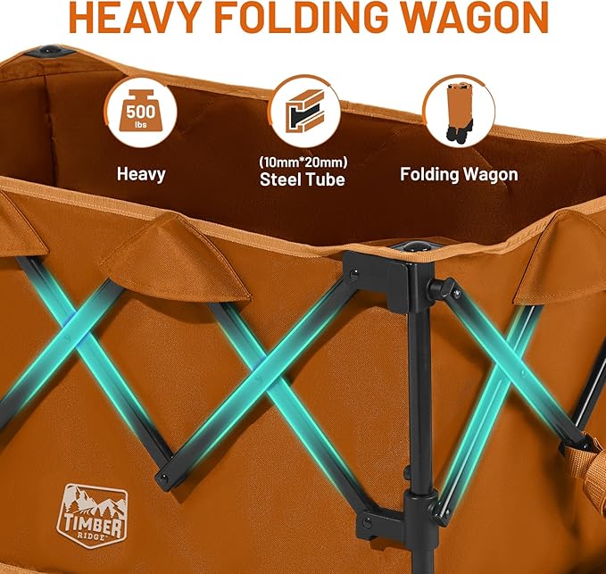 TIMBER RIDGE Outdoor Collapsible Folding Wagon with Brakes and Cup Holders, 500lbs Heavy Duty All Terrain Wheels Utility Cart for Shopping Camping Garden Sports, Orange