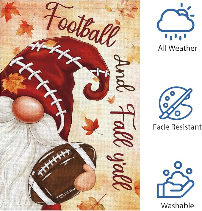 Heyfibro Football and Fall Y'all Gnome Garden Flag 28x40 Double Sided Burlap, Maple Leave Rugby Sports Events Yard Flags for Thanksgiving Rustic Seasonal Autumn Outdoor Decoration (ONLY FLAG)